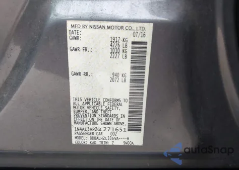 2016 Nissan Altima 2.5 Sr z USA, uszkodzony, nr VIN 1N4AL3AP2GC271651